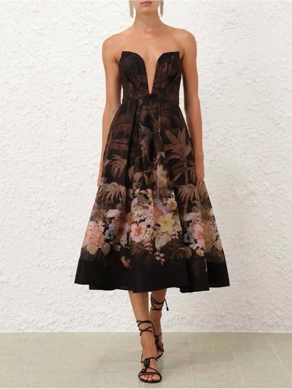 Zimmermann Strapless Floral Midi Dress in Chocolate with Pink & Cream Blooms